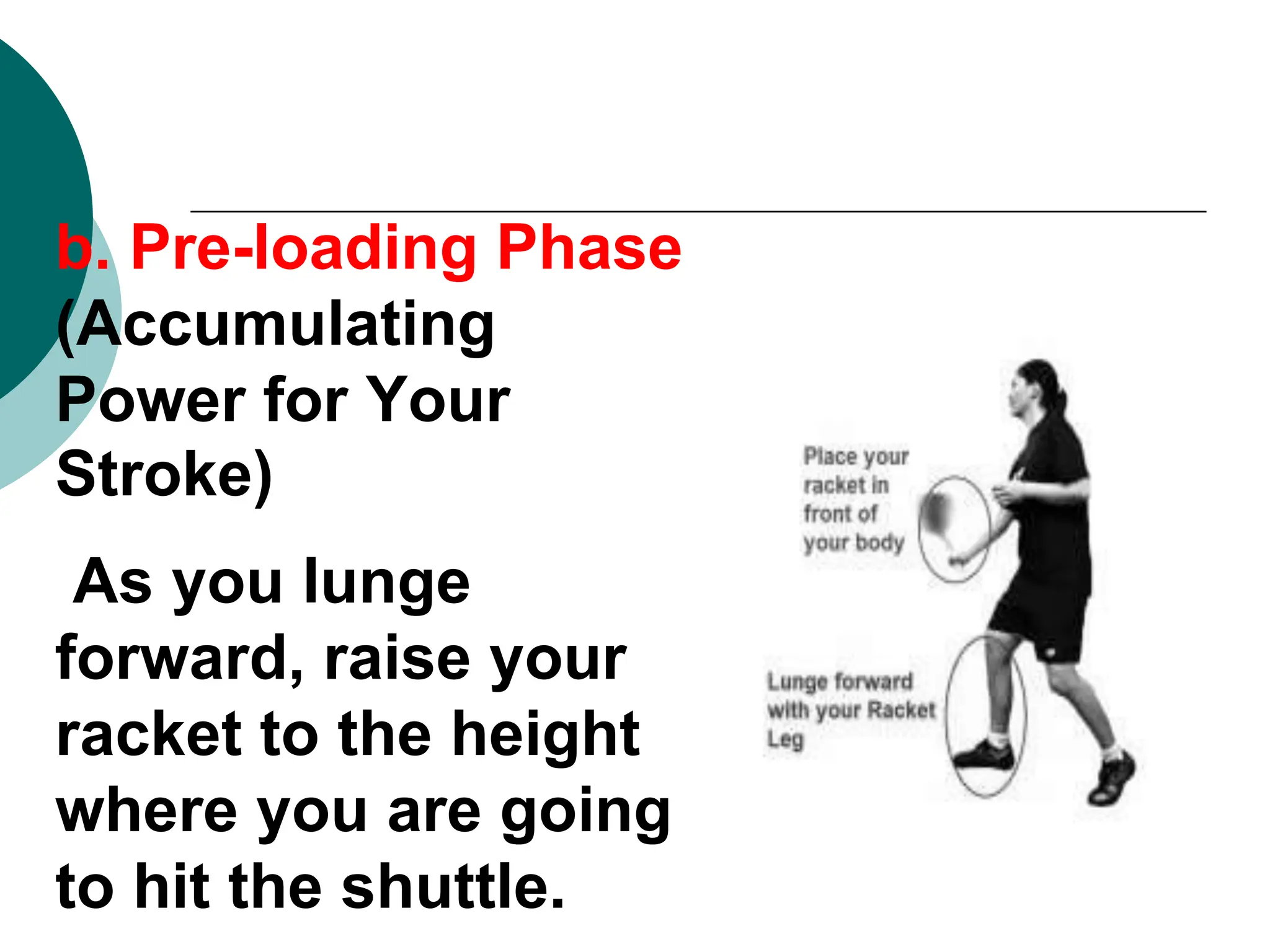 b. Pre-loading Phase
(Accumulating
Power for Your
Stroke)
As you lunge
forward, raise your
racket to the height
where you are going
to hit the shuttle.
 
