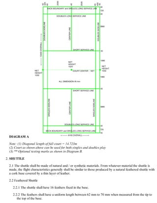 DIAGRAM A
Note: (1) Diagonal length of full court = 14.723m
(2) Court as shown above can be used for both singles and doubles play
(3) ** Optional testing marks as shown in Diagram B.
SHUTTLE
2.1 The shuttle shall be made of natural and / or synthetic materials. From whatever material the shuttle is
made, the flight characteristics generally shall be similar to those produced by a natural feathered shuttle with
a cork base covered by a thin layer of leather.
2.2 Feathered Shuttle
2.2.1 The shuttle shall have 16 feathers fixed in the base.
2.2.2 The feathers shall have a uniform length between 62 mm to 70 mm when measured from the tip to
the top of the base.
2.
 