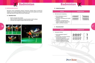 Badminton                                                             Badminton
     5.7 MENGHADANG (BLOCK)                                                               B. Aktiviti Kemahiran

        Bertujuan untuk menghadang pukulan menjunam, pukulan deras sisi (drive) ke
                                                                                                       AKTIvITI                    GAMBAR RAJAH
        hadapan atau tengah gelanggang. Sebagai ganti bagi smash apabila bulu tangkis
        tidak dapat dipukul dengan baik semasa menyerang.
                                                                                        1. Membaling dan menghadang
        A. Kemahiran Asas
                                                                                           a. Murid dibahagikan kepada 2
                                                                                              kumpulan X dan Y.
           •	   Berlari	mengejar	bulu	tangkis.	                                            b. Kumpulan X membaling bulu tangkis
           •	   Raket	di	bawa	ke	belakang	dan	separuh	gerakan	raket	ke	depan.                 kepada O.
           •	   Sentuhan	bulu	tangkis	di	depan	badan	dan	ikut	lajak.                       c. Kumpulan O menghadang bulu
                                                                                              tangkis menggunakan raket secara
                                                                                              bergilir - gilir dalam kumpulan.



56                                                                                        C. Permainan Kecil                                      57
                                                                                                       AKTIvITI                    GAMBAR RAJAH

                                                                                        1. Serang dan Hadang

                                                                                           a. Murid dibahagikan kepada 2
                                                                                              kumpulan:
                                                                                           b. Seorang rakan membaling melepasi
                                                                                              jaring dan ahli kumpulan
                                                                                              menghadang (blok) secara bergilir.
                                                                                           c. Kumpulan yang paling banyak
                                                                                              melepasi jaring dikira pemenang.
 