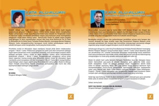 Salam Sejahtera.                                                                          Bismillahirrahmanirrahim,
                                                                                                                    Assalamualaikum Warahmatullahi Wabarakatuh,
                                                                                                                    Salam Sejahtera.


Terlebih dahulu saya ingin merakamkan ucapan tahniah dan terima kasih kepada               Alhamdulillah, bersyukur saya ke hadrat Allah S.W.T. kerana dengan izin, limpah dan
jawatankuasa program 1 Murid 1 Sukan (1M1S) kerana berjaya dalam menghasilkan              kurniaNya jua dapat saya menyampaikan sepatah dua kata bagi mengisi ruangan di Modul
Modul Latihan Sukan Untuk Guru Penasihat Kelab Sukan Sekolah ini. Penghasilan modul        Latihan Sukan Untuk Guru Penasihat Kelab Sukan Sekolah khususnya kepada semua warga
ini menepati usaha transformasi pendidikan negara yang berhasrat untuk meningkatkan        pendidik yang akan menggunakan modul ini di sekolah seluruh negara.
penyertaan murid dalam bidang sukan. Kemunculan modul ini adalah antara langkah
awal Bahagian ini demi merealisasikan cetusan idea Yang Amat Berhormat Tan Sri Dato’       Bersesuaian dengan cabaran dan perkembangan pendidikan semasa serta harapan dan
Hj. Muhyiddin bin Hj. Mohd Yassin, Timbalan Perdana Menteri, merangkap Menteri Pelajaran   amanah daripada ibu bapa, amatlah wajar bagi Kementerian Pelajaran Malaysia untuk
Malaysia. Usaha mengoptimumkan kecergasan murid melalui pembudayaan sukan di               merangka pendekatan dan strategi bagi memastikan kelangsungan peranannya sebagai
sekolah bertujuan untuk menghasilkan murid yang berminda cerdas.                           organisasi yang menjadi tunggak kemajuan murid di sekolah seluruh negara.

Penerbitan modul ini diharapkan dapat membantu banyak pihak dalam melaksanakan             Sehubungan dengan itu, usaha Yang Amat Berhormat Timbalan Perdana Menteri merangkap
program 1 Murid 1 Sukan. Pelaksanaan program ini sudah pasti akan menyentuh pelbagai       Menteri Pelajaran Malaysia mengumumkan Dasar 1 Murid 1 Sukan untuk dijalankan pada
aspek seperti penyertaan murid, penyediaan prasarana, serta perancangan program dalam      sesi persekolahan 2011 amatlah bersesuaian khususnya mengimbangi hasrat melahirkan
pelbagai peringkat. Justeru, modul ini dapat dijadikan rujukan untuk menyelaraskan         insan yang seimbang dari segi intelek, emosi, rohani dan jasmani serta secara tidak langsung
pelaksanaan program 1 Murid 1 Sukan. Penggemblengan pengurusan semua pihak                 mengurangkan isu sosial yang semakin memuncak sejak akhir-akhir ini.
dalam organisasi masing-masing yang diilhamkan melalui modul ini diharapkan dapat
membantu untuk menjayakan misi dan visi program 1 Murid 1 Sukan demi mengembalikan         Modul ini adalah hasil usaha bersama Bahagian Pendidikan Guru dan Bahagian Sukan
kegemilangan sukan negara seperti yang dihasratkan oleh semua pihak. Modul ini diharap     dalam memastikan guru-guru di sekolah khususnya guru penasihat kelab sukan
dapat menjadi penyumbang kepada perpaduan, pemupukkan nilai murni dan etika                boleh menjadikan modul ini sebagai panduan dalam menjalankan aktiviti kelab
kepimpinan dalam kalangan warga sekolah.                                                   sukan di sekolah sepanjang tahun. BPG juga melalui fungsi barunya berhasrat ingin
                                                                                           memperbanyakkan kursus-kursus pentauliahan kejurulatihan mahupun kepegawaian
Sekian.                                                                                    sukan yang diiktiraf oleh Majlis Sukan Negara mahupun Persatuan Sukan Kebangsaan.
                                                                                           Program 1 Murid 1 Sukan merupakan satu pengiktirafan kepada aspek kesukanan dalam
EE HONG                                                                                    menjadi salah satu elemen penting bagi membina modal insan yang cemerlang.
Pengarah Bahagian Sukan
                                                                                           Sekali lagi saya berharap modul ini akan membantu sedikit sebanyak guru-guru penasihat
                                                                                           kelab sukan di sekolah dalam menjalankan program-program kesukanan di sekolah.

                                                                                           Sekian, terima kasih.

                                                                                           DATO’ HAJI MOHD. GHAZALI BIN AB. RAHMAN
                                                                                           Pengarah Bahagian Pendidikan Guru
 