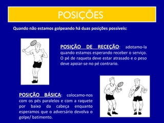 POSIÇÕES
Quando não estamos golpeando há duas posições possíveis:
POSIÇÃO DE RECEÇÃO: adotamo-la
quando estamos esperando receber o serviço.
O pé de raqueta deve estar atrasado e o peso
deve apoiar-se no pé contrario.
POSIÇÃO BÁSICA: colocamo-nos
com os pés paralelos e com a raquete
por baixo da cabeça enquanto
esperamos que o adversário devolva o
golpe/ batimento.
 