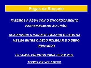 FAZEMOS A PEGA COM O ENCORDOAMENTO
PERPENDICULAR AO CHÃO.
AGARRAMOS A RAQUETE FICANDO O CABO DA
MESMA ENTRE O DEDO POLEGAR E O DEDO
INDICADOR
ESTAMOS PRONTOS PARA DEVOLVER
TODOS OS VOLANTES
Pegas da Raquete
 