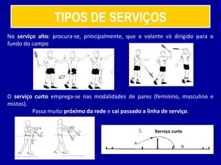 TIPOS DE SERVIÇOS
No serviço alto: procura-se, principalmente, que o volante vá dirigido para o
fundo do campo
O serviço curto emprega-se nas modalidades de pares (feminino, masculino e
mistos).
Passa muito próximo da rede e cai passado a linha de serviço.
Serviço curto
 