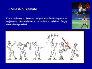 Smash ou remate
É um batimento ofensivo no qual o volante segue uma
trajectória descendente e se aplica a máxima força/
velocidade possível.
 