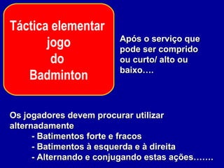 Táctica elementar
jogo
do
Badminton
Os jogadores devem procurar utilizarOs jogadores devem procurar utilizar
alternadamentealternadamente
- Batimentos forte e fracos- Batimentos forte e fracos
- Batimentos à esquerda e à direita- Batimentos à esquerda e à direita
- Alternando e conjugando estas ações…….- Alternando e conjugando estas ações…….
Após o serviço queApós o serviço que
pode ser compridopode ser comprido
ou curto/ alto ouou curto/ alto ou
baixo….baixo….
 