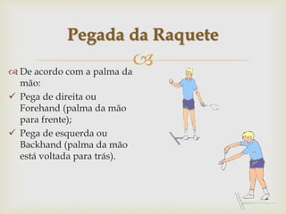 
 De acordo com a palma da
mão:
 Pega de direita ou
Forehand (palma da mão
para frente);
 Pega de esquerda ou
Backhand (palma da mão
está voltada para trás).
Pegada da Raquete
 