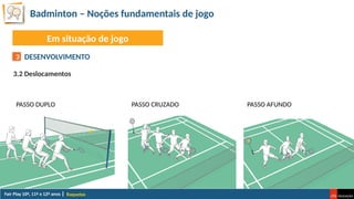 Badminton – Noções fundamentais de jogo
Raquetas
Em situação de jogo
DESENVOLVIMENTO
3.2 Deslocamentos
3
PASSO DUPLO PASSO CRUZADO PASSO AFUNDO
 