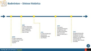 Badminton – Síntese histórica
Raquetas
1954
É formada a
Federação Portuguesa
de Badmínton, por
iniciativa de Henrique
Pinto, que reúne
diversos clubes para o
efeito.
1870
É criado o badmínton,
na Índia, enquanto jogo
competitivo de
raquetas
1934
É criada da Federação
Internacional
de Badmínton, com
nove filiados.
1992
Portugal participa pela
primeira vez com esta
modalidade nos Jogos
Olímpicos, em Barcelona,
representado por
Fernando Silva e Ricardo
Fernandes.
1883
É criada a Associação
Inglesa de Badmínton,
com o objetivo de
definir as primeiras
regras do jogo.
 