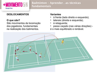 DESLOCAMENTOS
O que são?
São movimentos de locomoção
dos jogadores, fundamentais
na realização dos batimentos.
Badmínton – Aprender…as técnicas
fundamentais
Variantes
• à frente (lado direito e esquerdo);
• laterais (direita e esquerda);
• à retaguarda;
• passo caçado (nas várias direções) -
é o mais equilibrado e rentável.
 