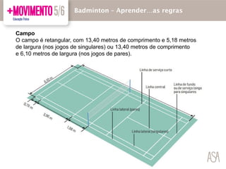Campo
O campo é retangular, com 13,40 metros de comprimento e 5,18 metros
de largura (nos jogos de singulares) ou 13,40 metros de comprimento
e 6,10 metros de largura (nos jogos de pares).
Badmínton – Aprender…as regras
 