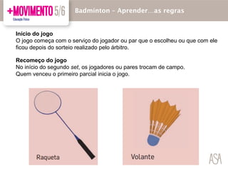 Início do jogo
O jogo começa com o serviço do jogador ou par que o escolheu ou que com ele
ficou depois do sorteio realizado pelo árbitro.
Badmínton – Aprender…as regras
Recomeço do jogo
No início do segundo set, os jogadores ou pares trocam de campo.
Quem venceu o primeiro parcial inicia o jogo.
 