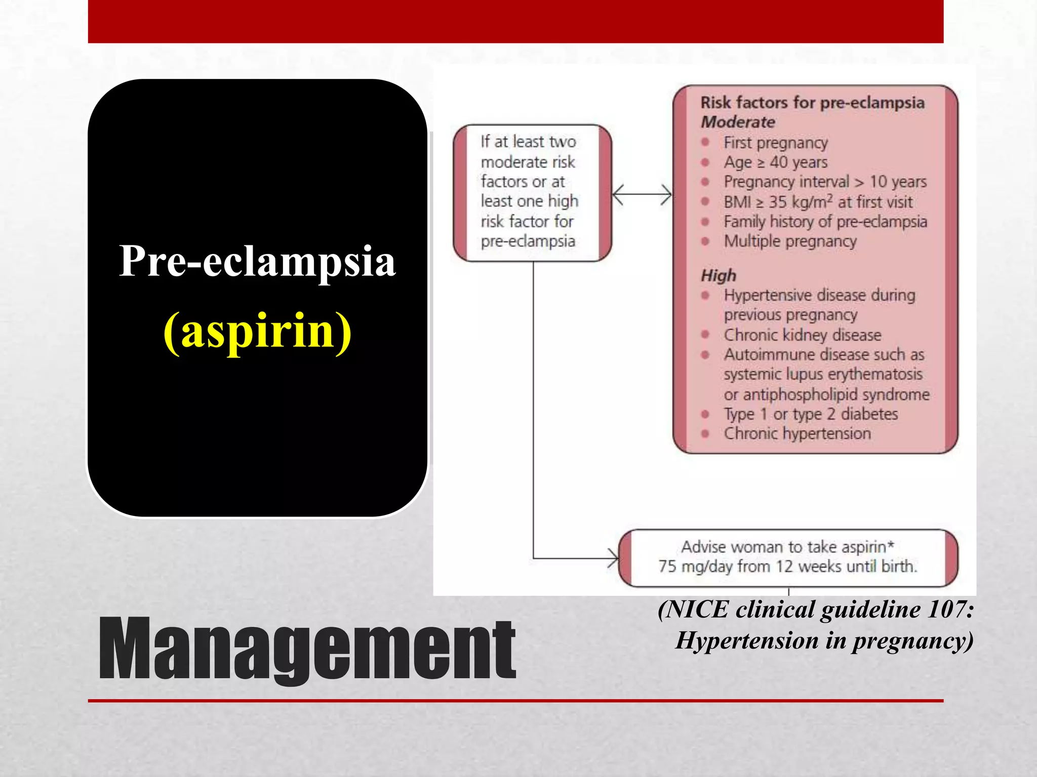 Management
Pre-eclampsia
(aspirin)
(NICE clinical guideline 107:
Hypertension in pregnancy)
 