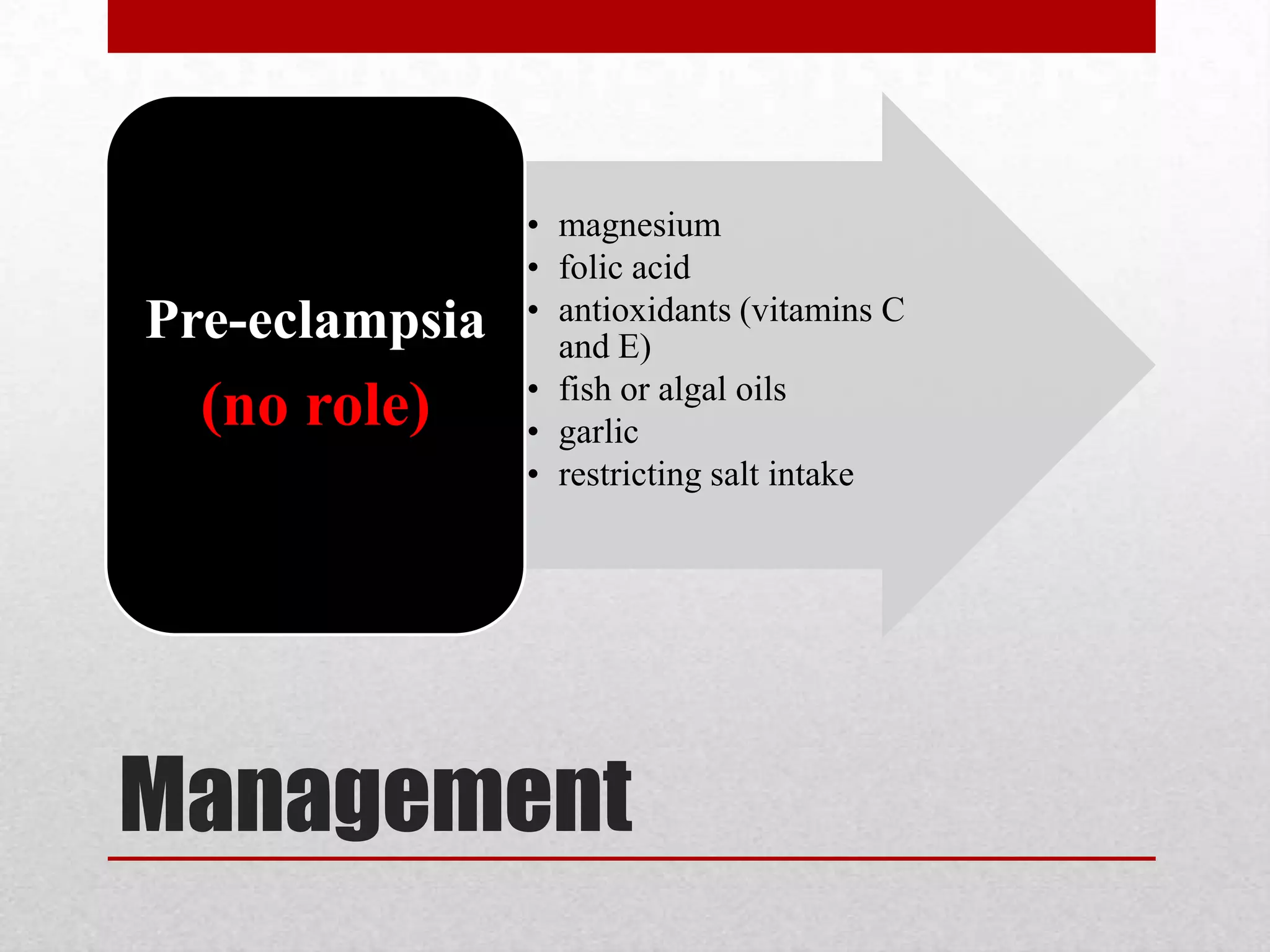 Management
• magnesium
• folic acid
• antioxidants (vitamins C
and E)
• fish or algal oils
• garlic
• restricting salt intake
Pre-eclampsia
(no role)
 