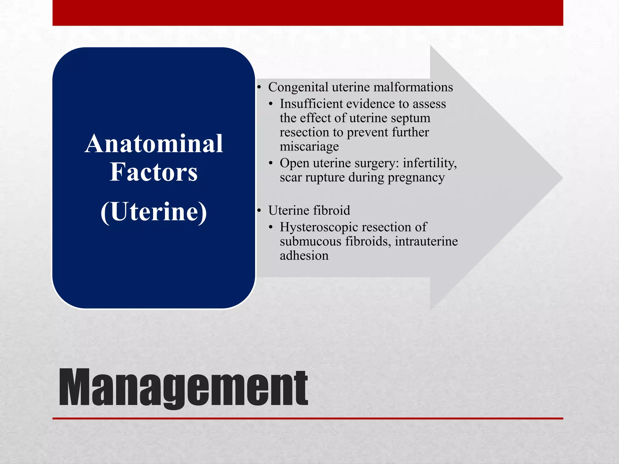 Management
• Congenital uterine malformations
• Insufficient evidence to assess
the effect of uterine septum
resection to prevent further
miscariage
• Open uterine surgery: infertility,
scar rupture during pregnancy
• Uterine fibroid
• Hysteroscopic resection of
submucous fibroids, intrauterine
adhesion
Anatominal
Factors
(Uterine)
 