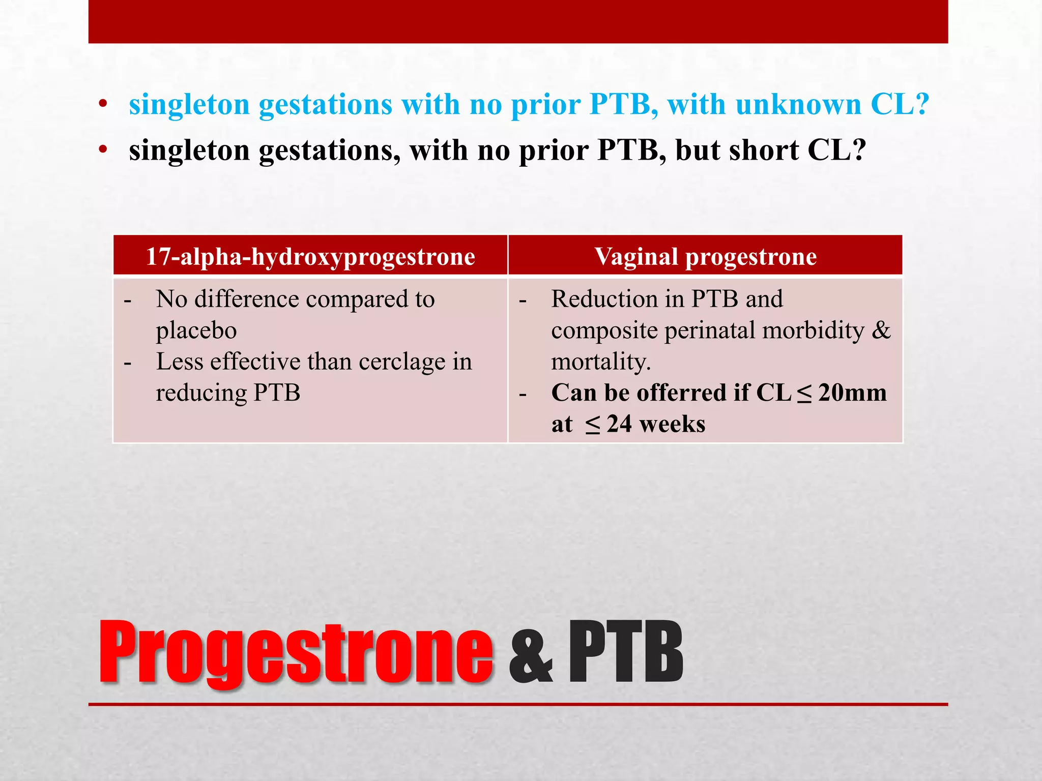 Progestrone & PTB
• singleton gestations with no prior PTB, with unknown CL?
• singleton gestations, with no prior PTB, but short CL?
17-alpha-hydroxyprogestrone Vaginal progestrone
- No difference compared to
placebo
- Less effective than cerclage in
reducing PTB
- Reduction in PTB and
composite perinatal morbidity &
mortality.
- Can be offerred if CL ≤ 20mm
at ≤ 24 weeks
 