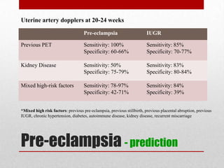 Pre-eclampsia - prediction
Pre-eclampsia IUGR
Previous PET Sensitivity: 100%
Specificity: 60-66%
Sensitivity: 85%
Specificity: 70-77%
Kidney Disease Sensitivity: 50%
Specificity: 75-79%
Sensitivity: 83%
Specificity: 80-84%
Mixed high-risk factors Sensitivity: 78-97%
Specificity: 42-71%
Sensitivity: 84%
Specificity: 39%
*Mixed high risk factors: previous pre-eclampsia, previous stillbirth, previous placental abruption, previous
IUGR, chronic hypertension, diabetes, autoimmune disease, kidney disease, recurrent miscarriage
Uterine artery dopplers at 20-24 weeks
 