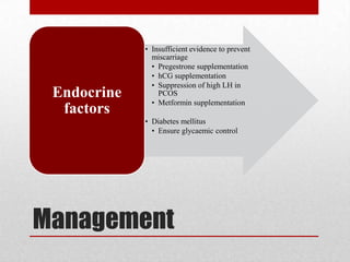 Management
• Insufficient evidence to prevent
miscarriage
• Pregestrone supplementation
• hCG supplementation
• Suppression of high LH in
PCOS
• Metformin supplementation
• Diabetes mellitus
• Ensure glycaemic control
Endocrine
factors
 