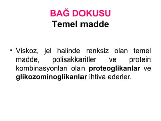 BAĞ DOKUSU
Temel madde
• Viskoz, jel halinde renksiz olan temel
madde, polisakkaritler ve protein
kombinasyonları olan proteoglikanlar ve
glikozominoglikanlar ihtiva ederler.
 