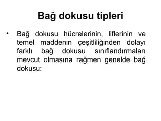 Bağ dokusu tipleri
• Bağ dokusu hücrelerinin, liflerinin ve
temel maddenin çeşitliliğinden dolayı
farklı bağ dokusu sınıflandırmaları
mevcut olmasına rağmen genelde bağ
dokusu:
 