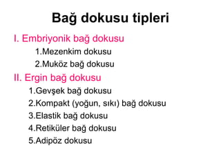 Bağ dokusu tipleri
I. Embriyonik bağ dokusu
1.Mezenkim dokusu
2.Muköz bağ dokusu
II. Ergin bağ dokusu
1.Gevşek bağ dokusu
2.Kompakt (yoğun, sıkı) bağ dokusu
3.Elastik bağ dokusu
4.Retiküler bağ dokusu
5.Adipöz dokusu
 