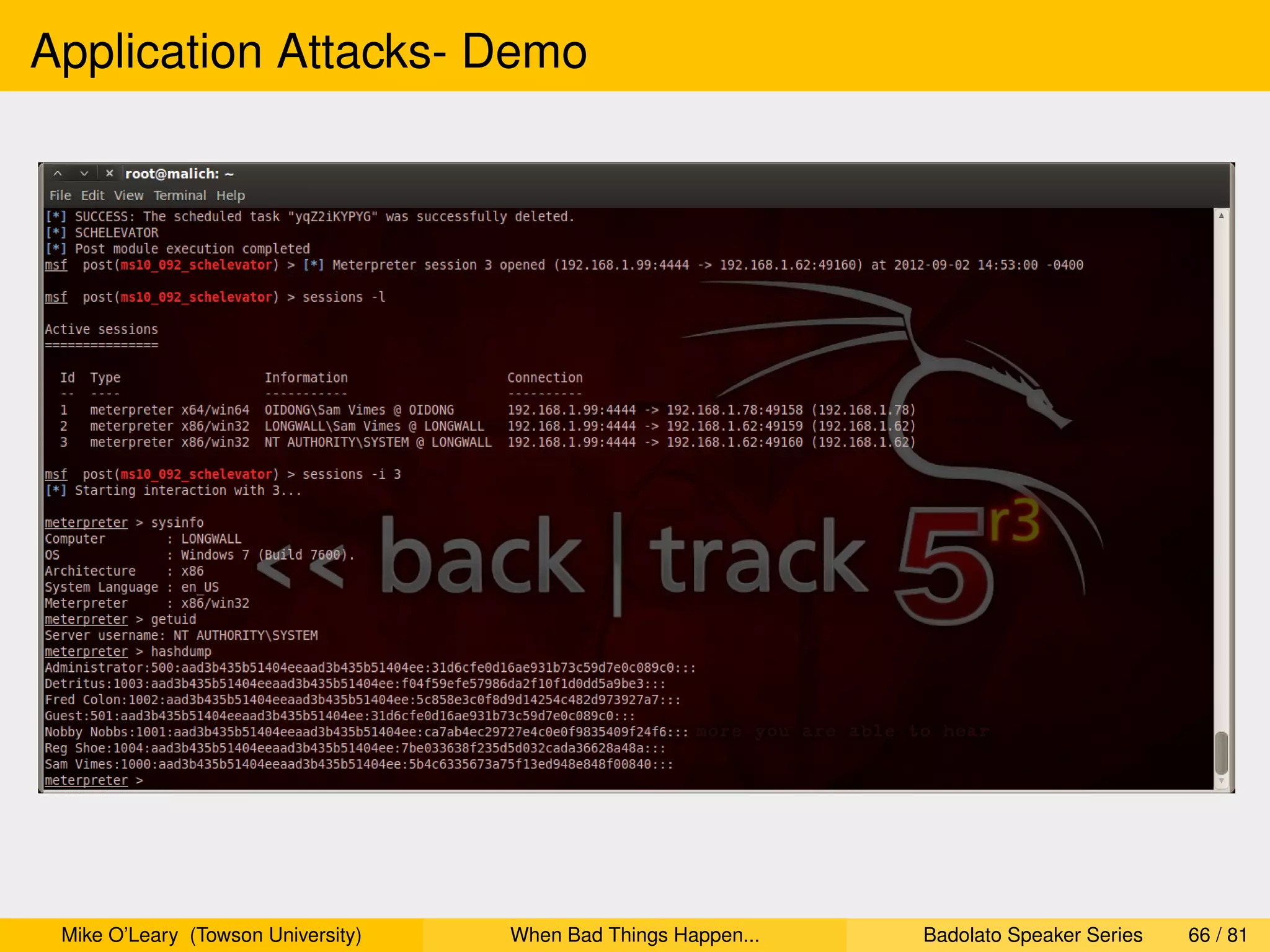 Application Attacks- Demo




 Mike O’Leary (Towson University)   When Bad Things Happen...   Badolato Speaker Series   66 / 81
 