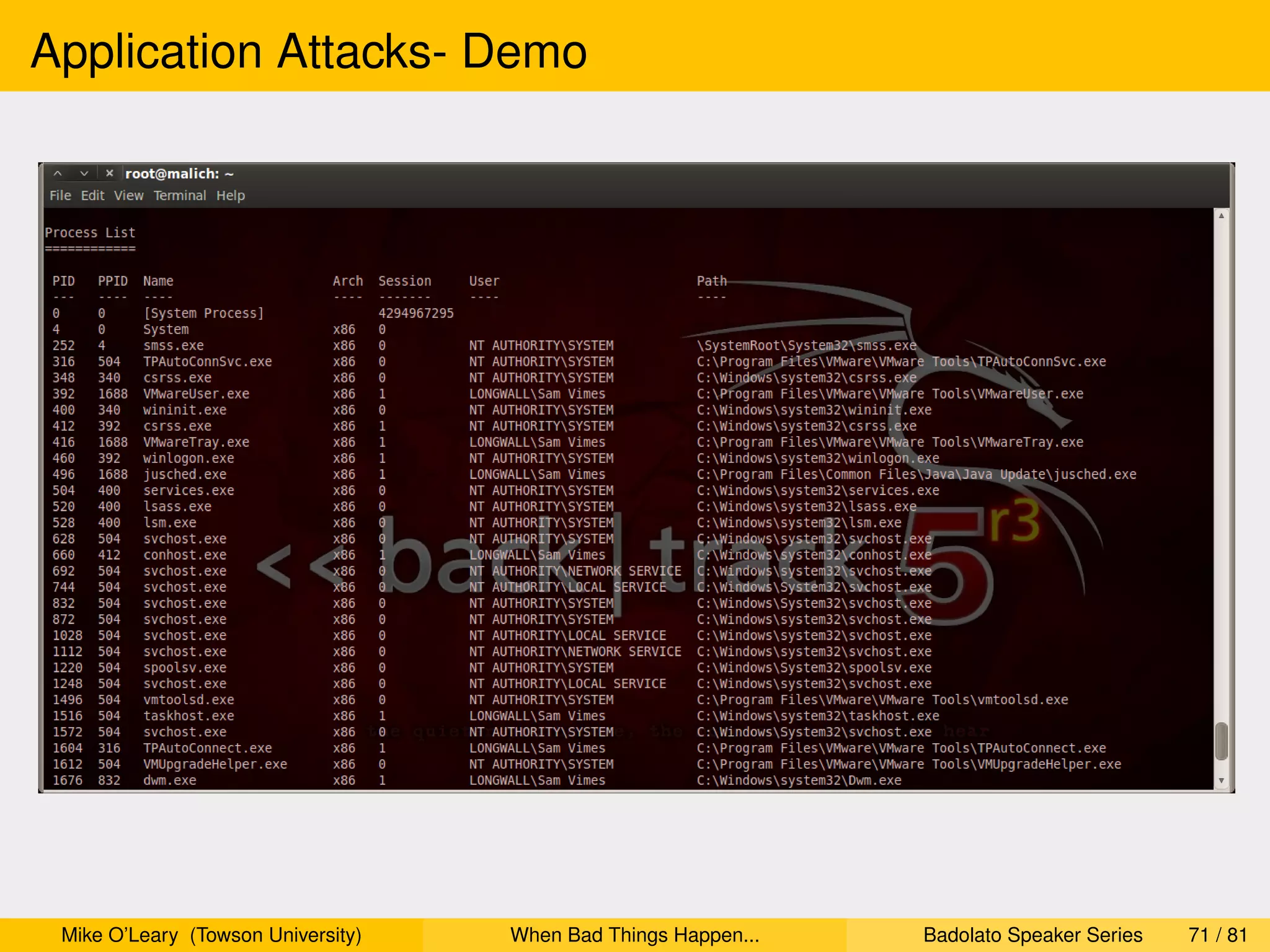 Application Attacks- Demo




 Mike O’Leary (Towson University)   When Bad Things Happen...   Badolato Speaker Series   71 / 81
 