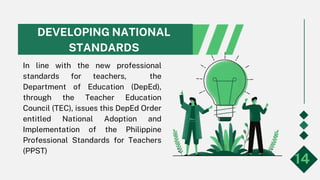 DEVELOPING NATIONAL
STANDARDS
In line with the new professional
standards for teachers, the
Department of Education (DepEd),
through the Teacher Education
Council (TEC), issues this DepEd Order
entitled National Adoption and
Implementation of the Philippine
Professional Standards for Teachers
(PPST)
14
 