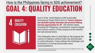 PROGRESS REPORT ON
NATIONAL EDUCATION GOALS
16
https://www.pids.gov.ph/details/policy-issue-at-a-glance-how-is-the-philippines-faring-in-sdg-
achievement-goal-4-quality-educatio
 