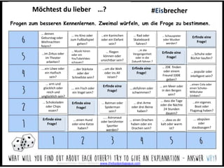 … deinen
Geburstag oder
Weihnachten
feiern?
….Schuhe oder
Bücher kaufen?
Möchtest du lieber …?
…ein Kaninchen
oder ein Elefant
sein?
…in die
Vergangenheit
oder in die
Zukunft fahren ?
Erfinde eine
Frage!
… Musik hören
oder ein
YouTubeVideo
schauen?
…um die Welt
oder ins All
reisen?
… fliegen
können oder
unsichtbar sein?
… 20€ finden
oder einem
Freund 100€
geben?
… ins Kino oder
zum Fußballspiel
gehen?
…. ein Fisch oder
ein Vogel sein?
…einen Cola oder
einen Schoko-
Milkshake
trinken?
….ein Löwe oder
ein Haifisch
sein?
… am Meer oder
in den Bergen
sein?
…im Zirkus oder
im Theater
arbeiten?
… arm und
glücklich oder
reich und
unglücklich sein?
….skifahren oder
schwimmen?
….der Stärkste
oder der
Schnellste sein?
…ein eigenes
Boot oder
Flugzeug haben?
… populär oder
intelligent sein?
… Batman oder
Spiderman
sein?
… Schokoladen
oder Chips
essen?
… einen Drachen
haben oder ein
Drachen sein?
…. abspülen
oder
staubsaugen?
….einen Hund
oder eine Katze
haben?
… drei Arme
oder drei Beine
haben?
… dass die Tage
oder die Nächte
24 Stunden
dauern?
….. Astronaut
oder berühmter
Sportler
werden?
… ,dass es dir
kalt oder warm
ist?
… Rad oder
Skateboard
fahren?
… Schauspieler
oder Musiker
werden?
Erfinde eine
Frage!
Erfinde eine
Frage!
Erfinde eine
Frage!
Erfinde eine
Frage!
Erfinde eine
Frage!
#Eisbrecher
Fragen zum besseren Kennenlernen. Zweimal würfeln, um die Frage zu bestimmen.
Adapted from: Shaun Williams www.thebadpedagogue.com
 