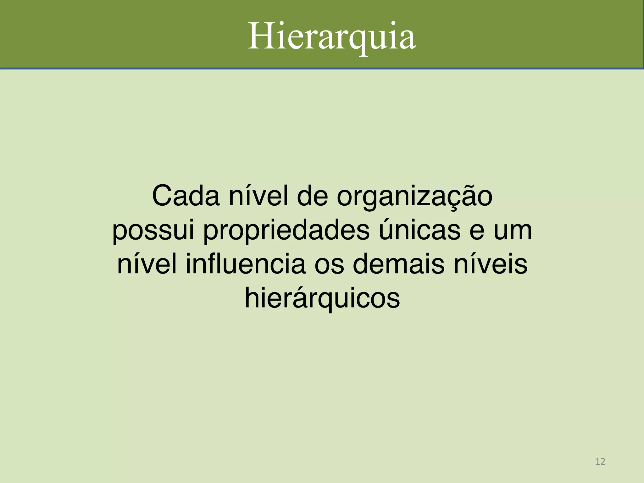 Hierarquia
Cada nível de organização
possui propriedades únicas e um
nível influencia os demais níveis
hierárquicos
12	
  
 