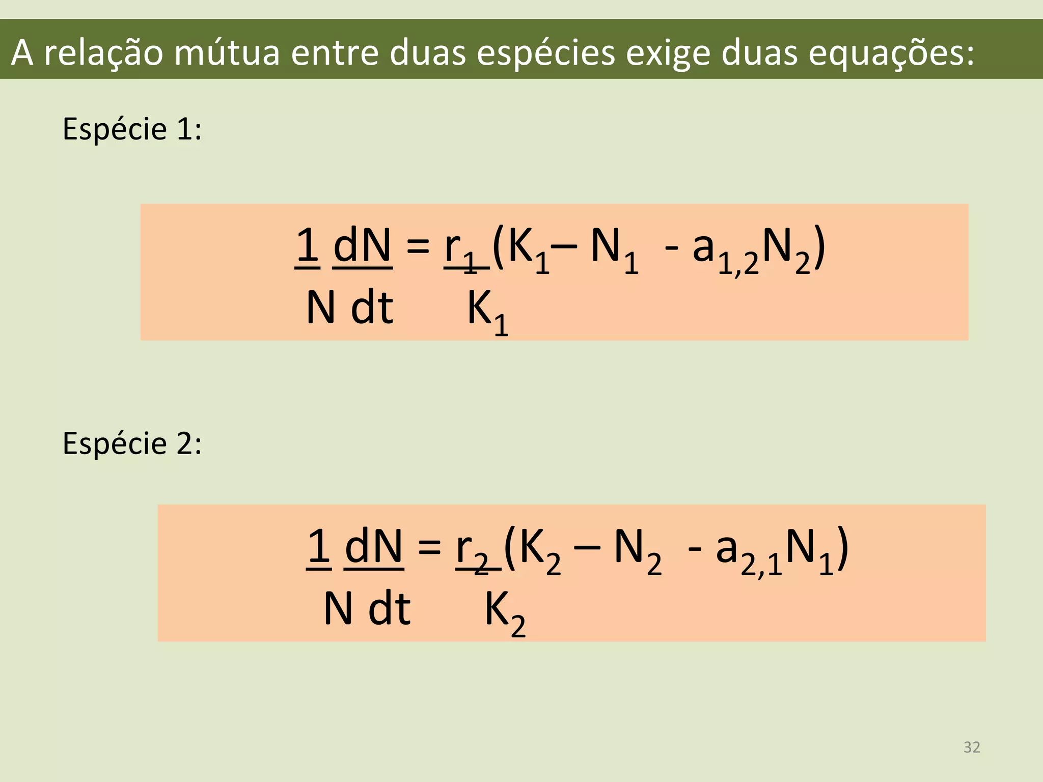 A	
  relação	
  mútua	
  entre	
  duas	
  espécies	
  exige	
  duas	
  equações:	
  
	
  1	
  dN	
  =	
  r1	
  (K1–	
  N1	
  	
  -­‐	
  a1,2N2)	
  
	
  	
  	
  	
  	
  	
  	
  	
  	
  	
  	
  	
  	
  N	
  dt	
  	
  	
  	
  	
  	
  K1	
  
Espécie	
  1:	
  
Espécie	
  2:	
  
	
  1	
  dN	
  =	
  r2	
  (K2	
  –	
  N2	
  	
  -­‐	
  a2,1N1)	
  
	
  	
  	
  	
  	
  	
  	
  	
  	
  	
  	
  	
  	
  N	
  dt	
  	
  	
  	
  	
  	
  K2	
  
32	
  
 