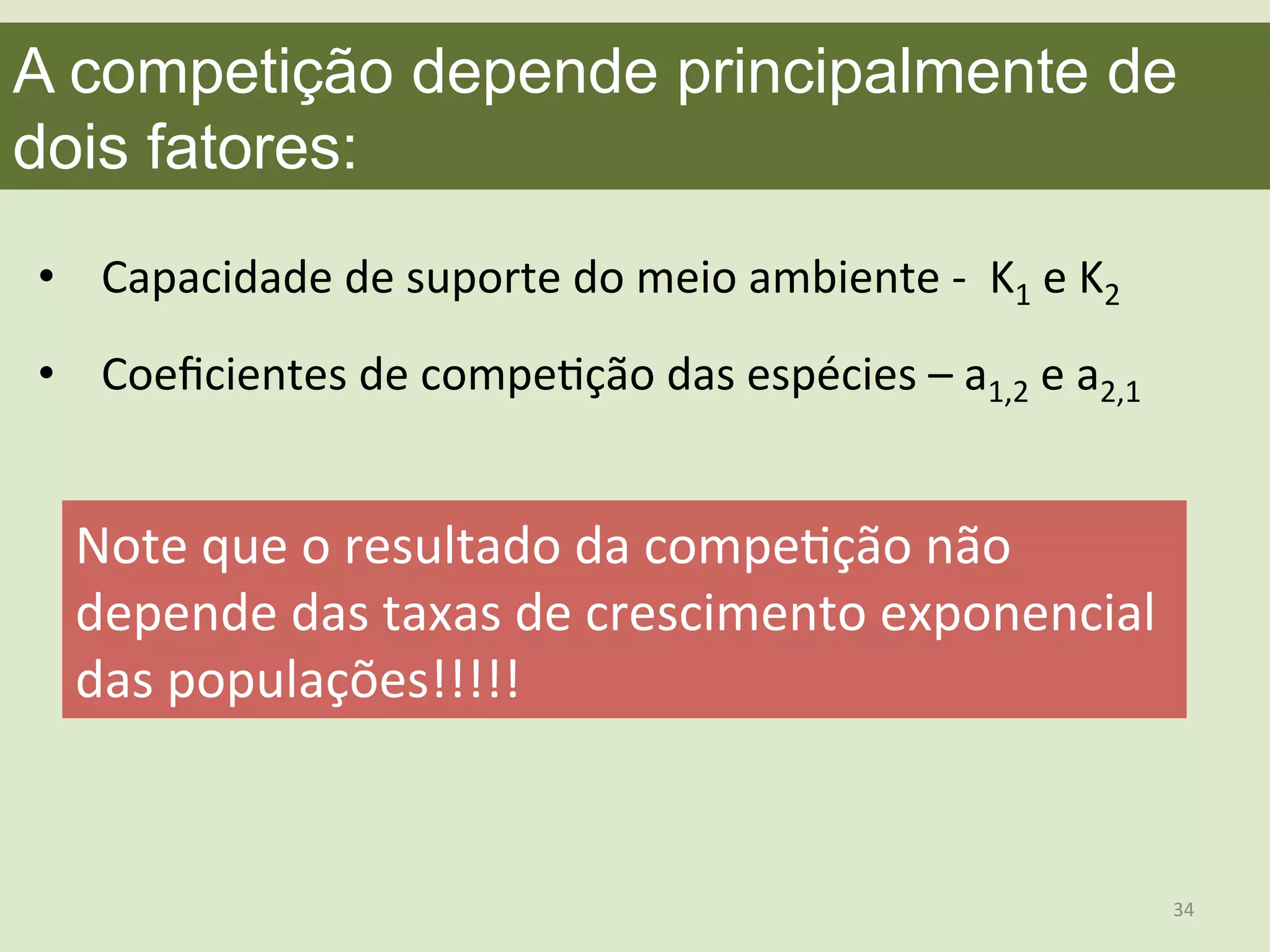 A competição depende principalmente de
dois fatores:	
  
•  Capacidade	
  de	
  suporte	
  do	
  meio	
  ambiente	
  -­‐	
  	
  K1	
  e	
  K2	
  
•  Coeﬁcientes	
  de	
  compeEção	
  das	
  espécies	
  –	
  a1,2	
  e	
  a2,1	
  
Note	
  que	
  o	
  resultado	
  da	
  compeEção	
  não	
  
depende	
  das	
  taxas	
  de	
  crescimento	
  exponencial	
  
das	
  populações!!!!!	
  
34	
  
 
