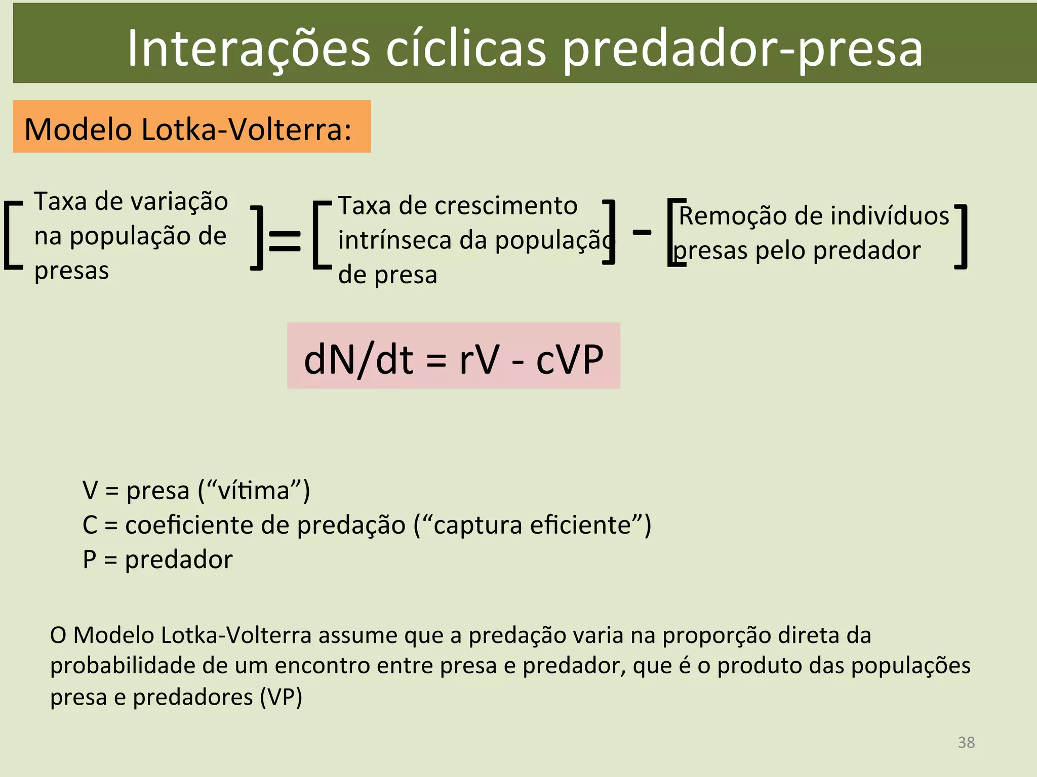 Interações	
  cíclicas	
  predador-­‐presa	
  
Modelo	
  Lotka-­‐Volterra:	
  
Taxa	
  de	
  variação	
  
na	
  população	
  de	
  
presas	
  	
  
Taxa	
  de	
  crescimento	
  
intrínseca	
  da	
  população	
  
de	
  presa	
  
	
  Remoção	
  de	
  indivíduos	
  
presas	
  pelo	
  predador	
  [	
   ]	
  =	
  [	
   ]	
   ]	
  [	
  -­‐
dN/dt	
  =	
  rV	
  -­‐	
  cVP	
  
V	
  =	
  presa	
  (“víEma”)	
  
C	
  =	
  coeﬁciente	
  de	
  predação	
  (“captura	
  eﬁciente”)	
  
P	
  =	
  predador	
  
O	
  Modelo	
  Lotka-­‐Volterra	
  assume	
  que	
  a	
  predação	
  varia	
  na	
  proporção	
  direta	
  da	
  
probabilidade	
  de	
  um	
  encontro	
  entre	
  presa	
  e	
  predador,	
  que	
  é	
  o	
  produto	
  das	
  populações	
  
presa	
  e	
  predadores	
  (VP)	
  
38	
  
 