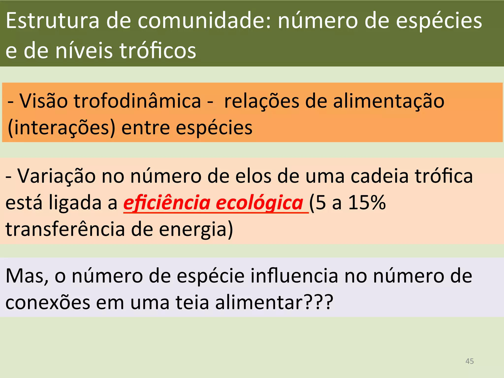 Estrutura	
  de	
  comunidade:	
  número	
  de	
  espécies	
  
e	
  de	
  níveis	
  tróﬁcos	
  
-­‐	
  Visão	
  trofodinâmica	
  -­‐	
  	
  relações	
  de	
  alimentação	
  	
  
(interações)	
  entre	
  espécies	
  
-­‐	
  Variação	
  no	
  número	
  de	
  elos	
  de	
  uma	
  cadeia	
  tróﬁca	
  
está	
  ligada	
  a	
  eﬁciência	
  ecológica	
  (5	
  a	
  15%	
  
transferência	
  de	
  energia)	
  
Mas,	
  o	
  número	
  de	
  espécie	
  inﬂuencia	
  no	
  número	
  de	
  
conexões	
  em	
  uma	
  teia	
  alimentar???	
  
45	
  
 