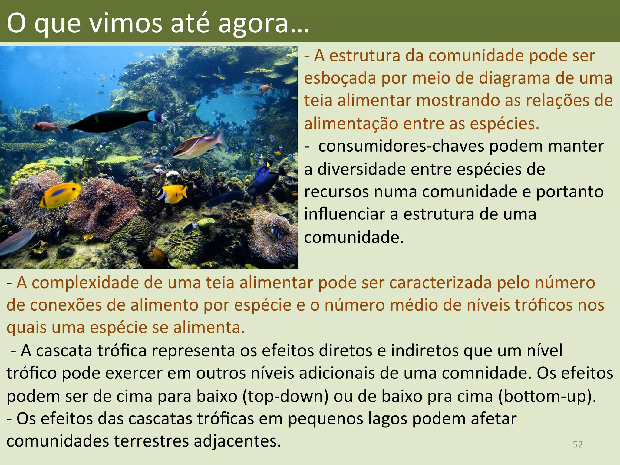 O	
  que	
  vimos	
  até	
  agora…	
  
-­‐	
  A	
  estrutura	
  da	
  comunidade	
  pode	
  ser	
  
esboçada	
  por	
  meio	
  de	
  diagrama	
  de	
  uma	
  
teia	
  alimentar	
  mostrando	
  as	
  relações	
  de	
  
alimentação	
  entre	
  as	
  espécies.	
  
-­‐	
  	
  consumidores-­‐chaves	
  podem	
  manter	
  
a	
  diversidade	
  entre	
  espécies	
  de	
  
recursos	
  numa	
  comunidade	
  e	
  portanto	
  
inﬂuenciar	
  a	
  estrutura	
  de	
  uma	
  
comunidade.	
  
-­‐	
  A	
  complexidade	
  de	
  uma	
  teia	
  alimentar	
  pode	
  ser	
  caracterizada	
  pelo	
  número	
  
de	
  conexões	
  de	
  alimento	
  por	
  espécie	
  e	
  o	
  número	
  médio	
  de	
  níveis	
  tróﬁcos	
  nos	
  
quais	
  uma	
  espécie	
  se	
  alimenta.	
  
	
  -­‐	
  A	
  cascata	
  tróﬁca	
  representa	
  os	
  efeitos	
  diretos	
  e	
  indiretos	
  que	
  um	
  nível	
  
tróﬁco	
  pode	
  exercer	
  em	
  outros	
  níveis	
  adicionais	
  de	
  uma	
  comnidade.	
  Os	
  efeitos	
  
podem	
  ser	
  de	
  cima	
  para	
  baixo	
  (top-­‐down)	
  ou	
  de	
  baixo	
  pra	
  cima	
  (bogom-­‐up).	
  
-­‐	
  Os	
  efeitos	
  das	
  cascatas	
  tróﬁcas	
  em	
  pequenos	
  lagos	
  podem	
  afetar	
  
comunidades	
  terrestres	
  adjacentes.	
   52	
  
 