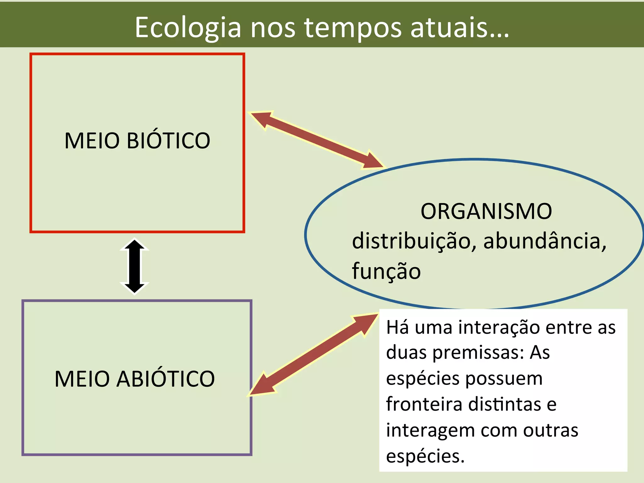 Ecologia	
  nos	
  tempos	
  atuais…	
  
MEIO	
  BIÓTICO	
  
MEIO	
  ABIÓTICO	
  
ORGANISMO	
  
distribuição,	
  abundância,	
  
função	
  
9	
  
Há	
  uma	
  interação	
  entre	
  as	
  
duas	
  premissas:	
  As	
  
espécies	
  possuem	
  
fronteira	
  disEntas	
  e	
  
interagem	
  com	
  outras	
  
espécies.	
  
 