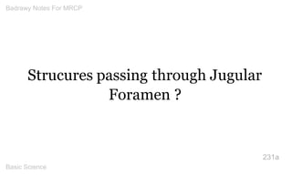 Strucures passing through Jugular Foramen ? 
231a 
Badrawy Notes For MRCP 
Basic Science 
 