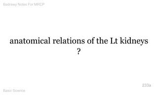 anatomical relations of the Lt kidneys ? 
233a 
Badrawy Notes For MRCP 
Basic Science 
 