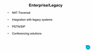 Enterprise/Legacy 
•NAT Traversal 
•Integration with legacy systems 
•PSTN/SIP 
•Conferencing solutions  
