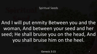 Spiritual Seeds
And I will put enmity Between you and the
woman, And between your seed and her
seed; He shall bruise you on the head, And
you shall bruise him on the heel.
Genesis 3:15 4
 