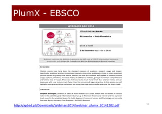 PlumX - EBSCO
52
http://apbad.pt/Downloads/Webinars2014/webinar_plumx_20141202.pdf
 