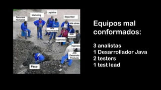 Equipos mal
conformados:
3 analistas
1 Desarrollador Java
2 testers
1 test lead
 