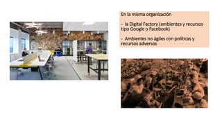 En la misma organización
- la Digital Factory (ambientes y recursos
tipo Google o Facebook)
- Ambientes no ágiles con políticas y
recursos adversos
 