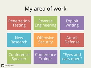 My area of work

   Penetration     Reverse      Exploit
     Testing     Engineering    Writing


        New       Oﬀens...