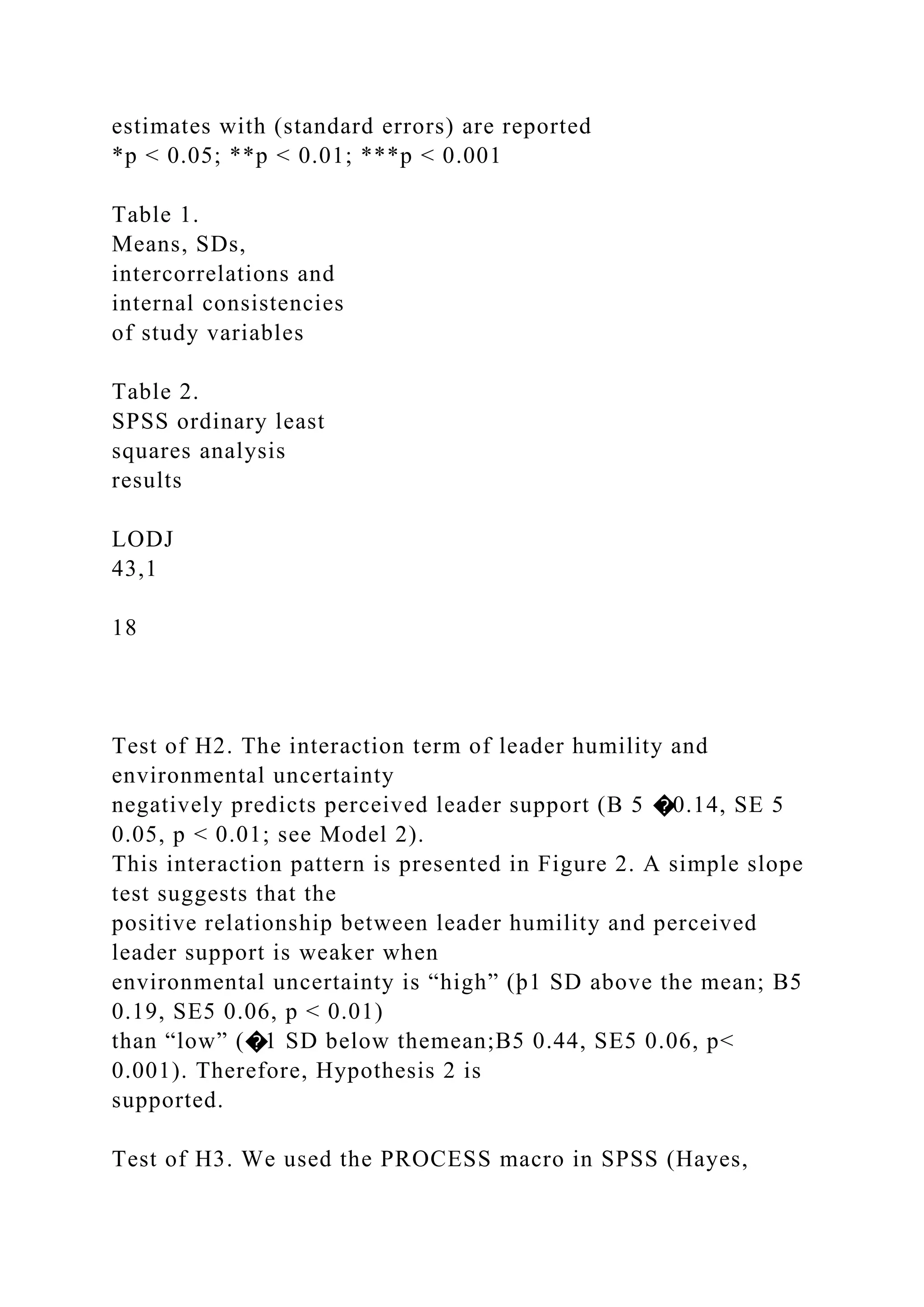 estimates with (standard errors) are reported
*p < 0.05; **p < 0.01; ***p < 0.001
Table 1.
Means, SDs,
intercorrelations and
internal consistencies
of study variables
Table 2.
SPSS ordinary least
squares analysis
results
LODJ
43,1
18
Test of H2. The interaction term of leader humility and
environmental uncertainty
negatively predicts perceived leader support (B 5 �0.14, SE 5
0.05, p < 0.01; see Model 2).
This interaction pattern is presented in Figure 2. A simple slope
test suggests that the
positive relationship between leader humility and perceived
leader support is weaker when
environmental uncertainty is “high” (þ1 SD above the mean; B5
0.19, SE5 0.06, p < 0.01)
than “low” (�1 SD below themean;B5 0.44, SE5 0.06, p<
0.001). Therefore, Hypothesis 2 is
supported.
Test of H3. We used the PROCESS macro in SPSS (Hayes,
 