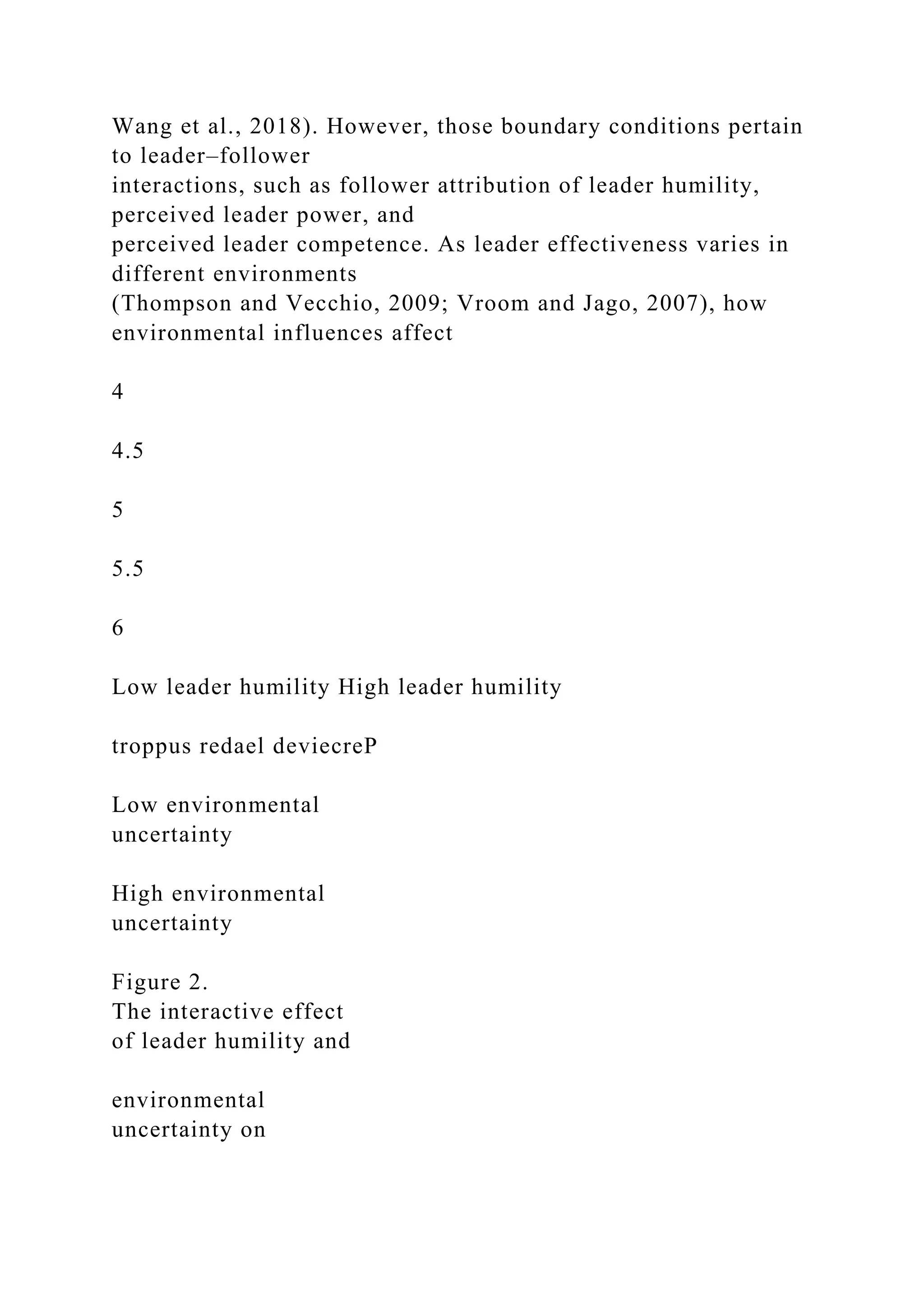 Wang et al., 2018). However, those boundary conditions pertain
to leader–follower
interactions, such as follower attribution of leader humility,
perceived leader power, and
perceived leader competence. As leader effectiveness varies in
different environments
(Thompson and Vecchio, 2009; Vroom and Jago, 2007), how
environmental influences affect
4
4.5
5
5.5
6
Low leader humility High leader humility
troppus redael deviecreP
Low environmental
uncertainty
High environmental
uncertainty
Figure 2.
The interactive effect
of leader humility and
environmental
uncertainty on
 