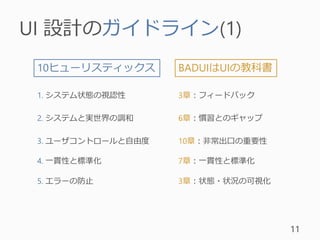 UI 設計のガイドライン(1)
11
10ヒューリスティックス BADUIはUIの教科書
1. システム状態の視認性
2. システムと実世界の調和
3. ユーザコントロールと自由度
4. 一貫性と標準化
5. エラーの防止
3章：フィードバック
6章：慣習とのギャップ
7章：一貫性と標準化
3章：状態・状況の可視化
10章：非常出口の重要性
 