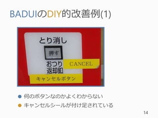 BADUIのDIY的改善例(1)
14
● 何のボタンなのかよくわからない
● キャンセルシールが付け足されている
 