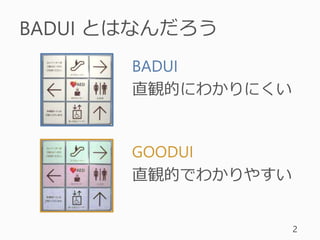 BADUI とはなんだろう
2
GOODUI
直観的でわかりやすい
BADUI
直観的にわかりにくい
 