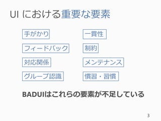 UI における重要な要素
3
一貫性
フィードバック
対応関係
グループ認識 慣習・習慣
手がかり
制約
メンテナンス
BADUIはこれらの要素が不足している
 
